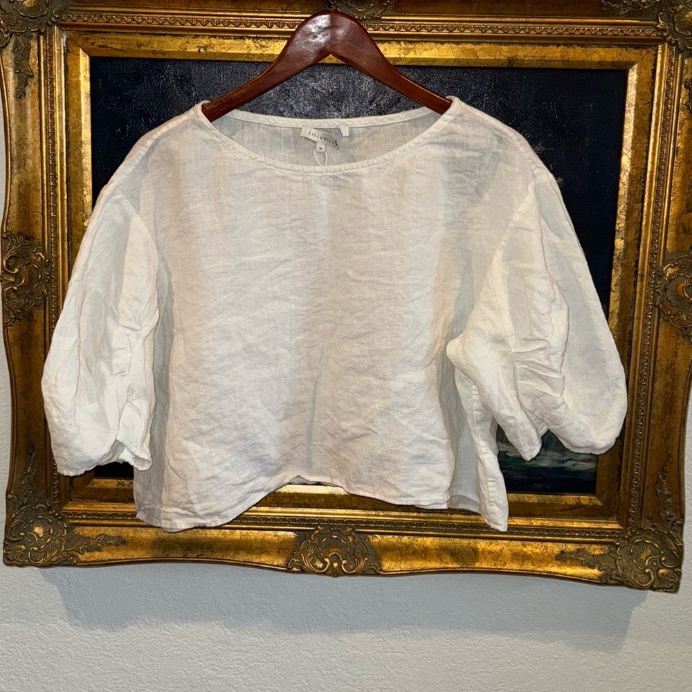 Lilly Pilly Organic Linen White Boxy Cropped Puff Sleeve Top Size M Used